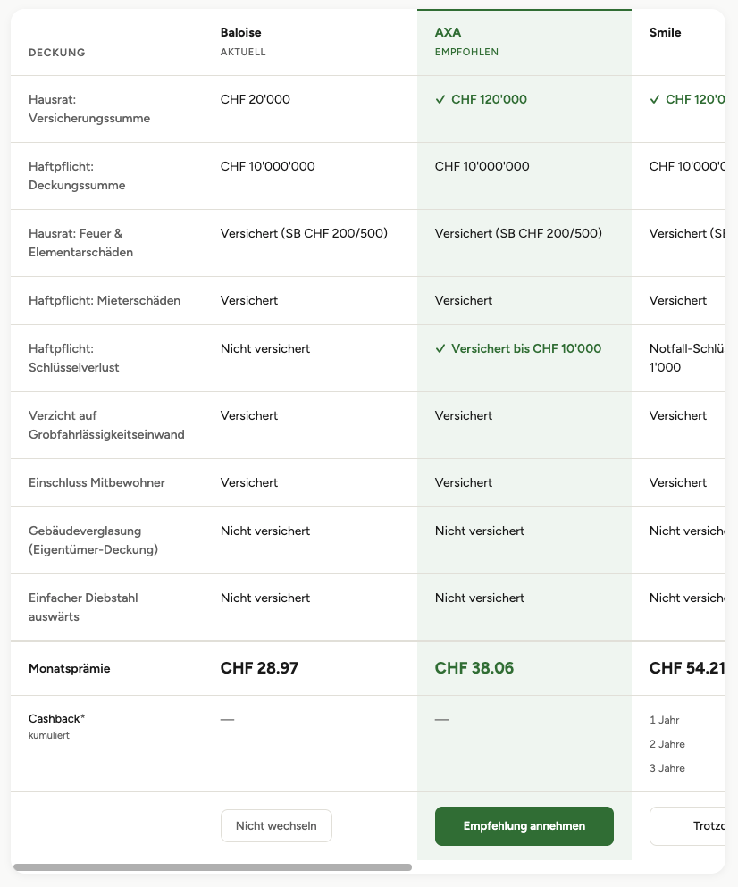 Screenshot Quote Advisory Comparison